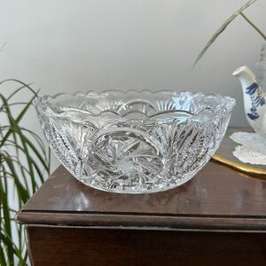 Vintage Cut Crystal Bowl - Starburst & Diamond Patterns Scalloped Rim Dish
